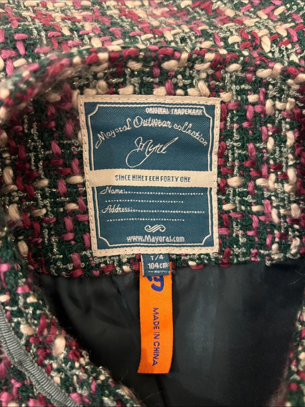 Mayoral Girls Multicolor Tweed Zip-Front Jacket with Teal Trim
